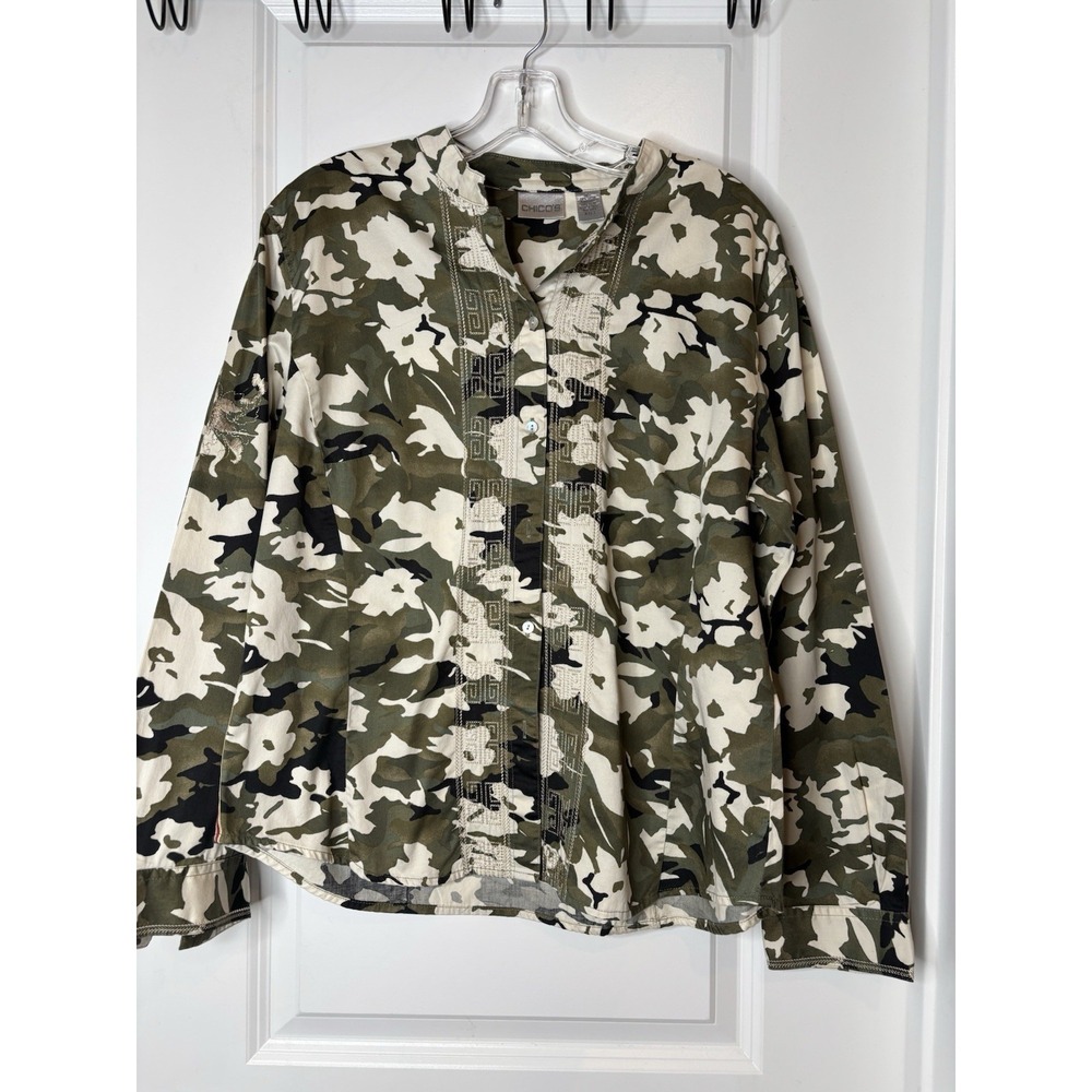 CHICO'S Size 2 (M) Camo Print Cotton Women's Blouse Shirt Top Embroidered - Picture 3 of 12